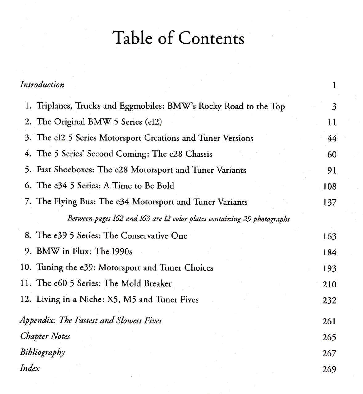 Automotive history book table of contents with numbered chapters and index pages