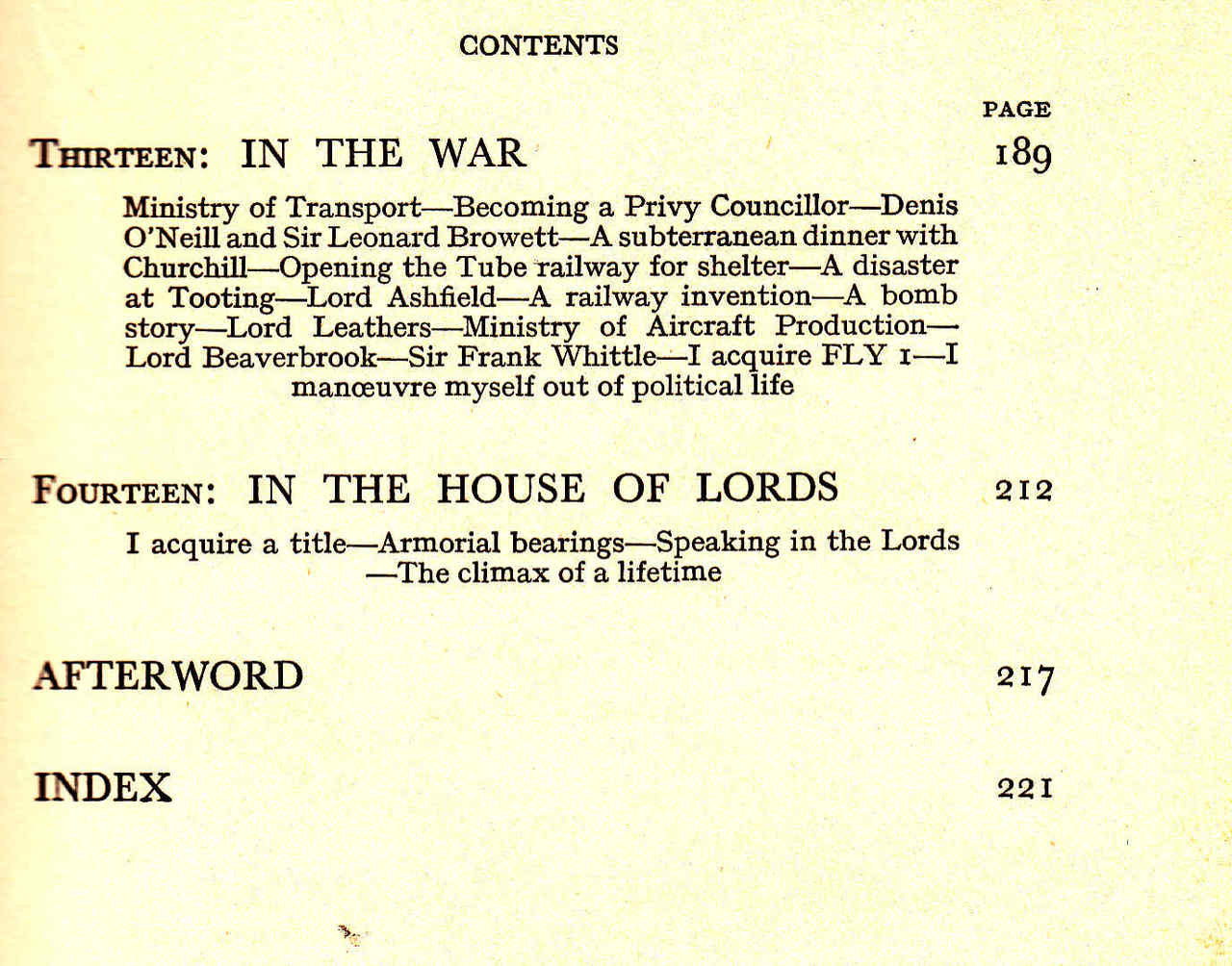 Book contents page with headings Thirteen, Fourteen, Afterword and Index