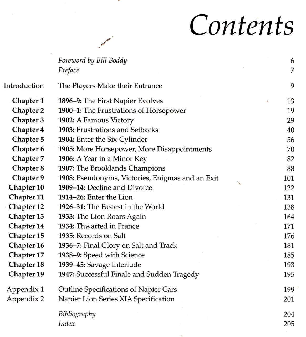 Book contents page with chapter list and appendices, numbered sections.