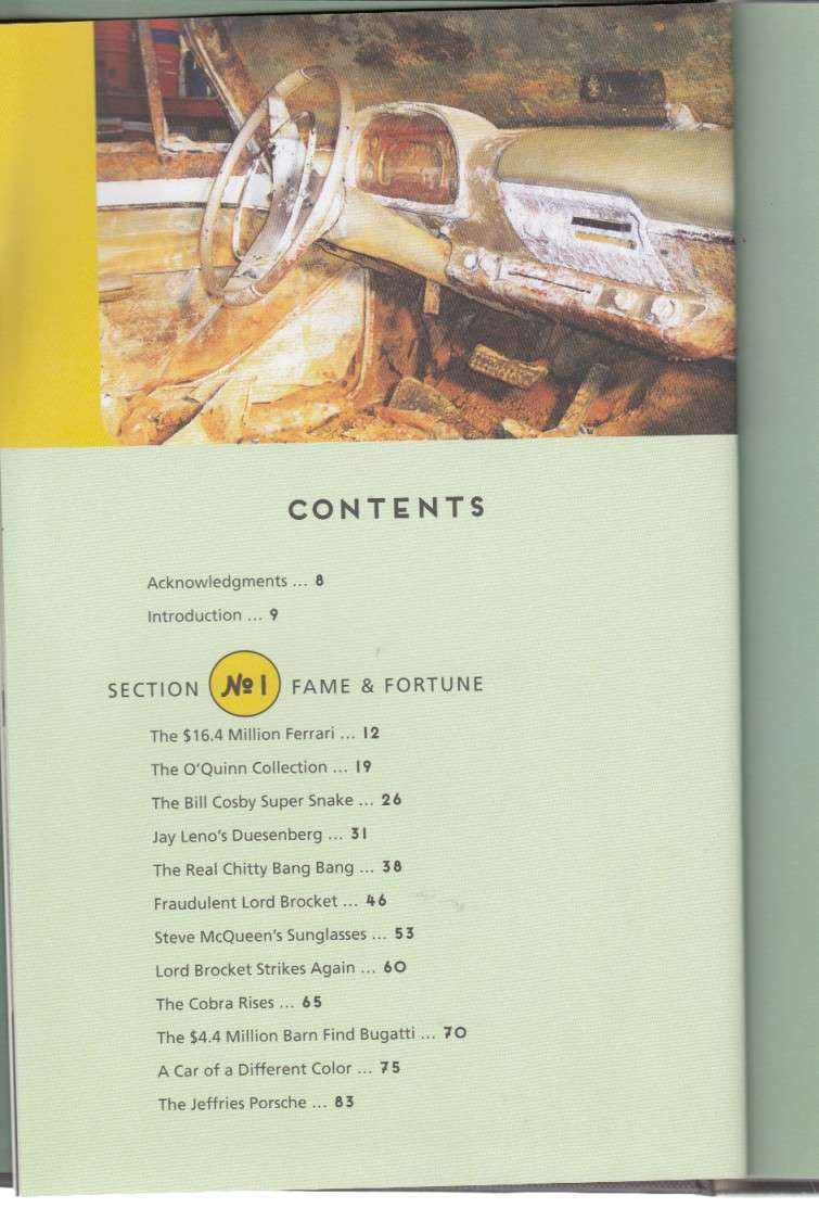 Book page showing CONTENTS and section list for car collecting stories
