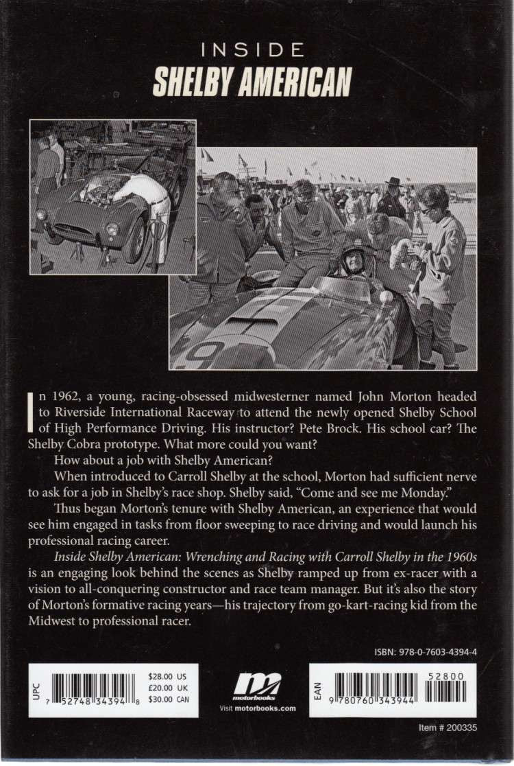 Hardcover book back cover with black text panels and collage of classic race cars