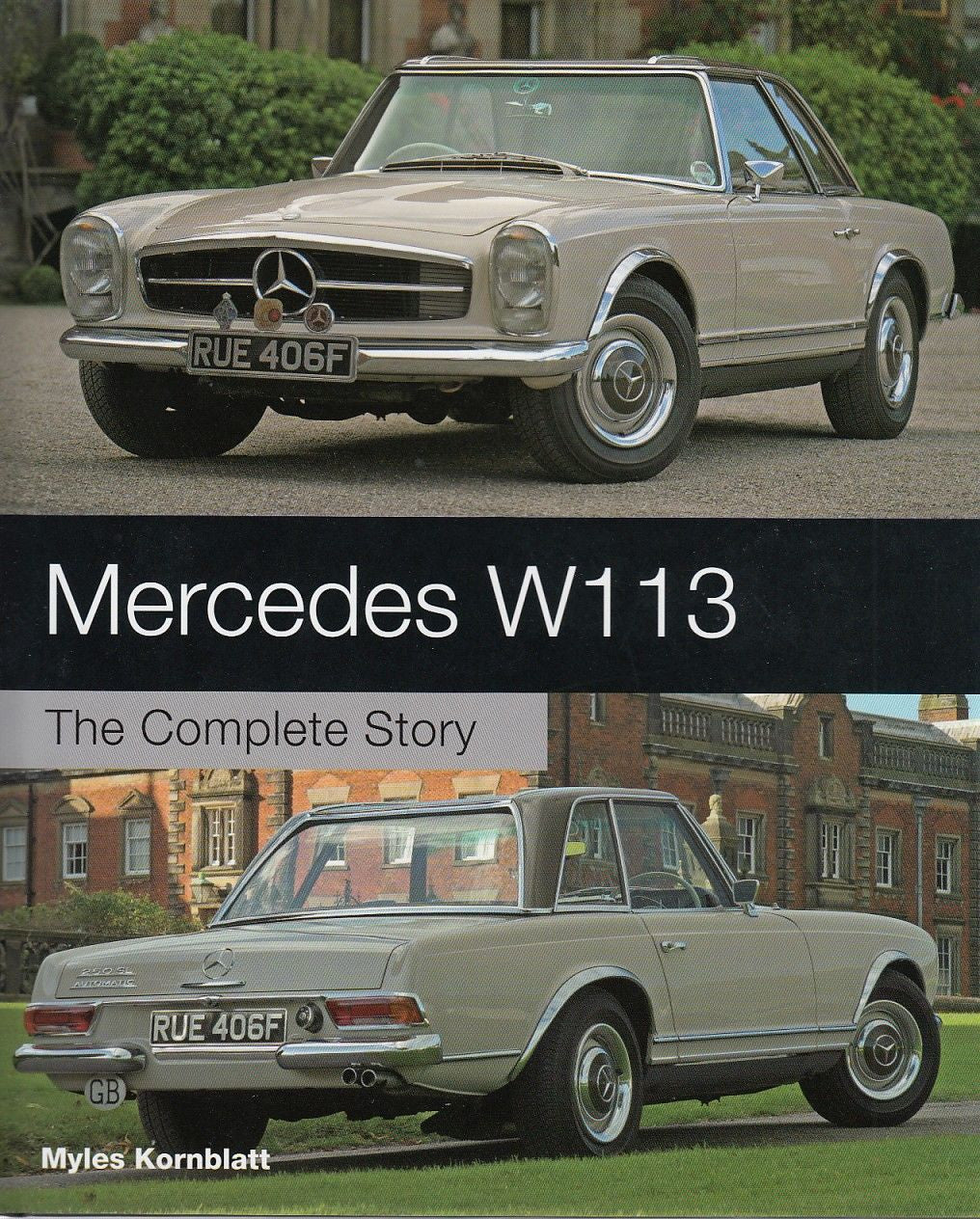Beige classic Mercedes W113 coupe on road, book cover with additional vehicle photo