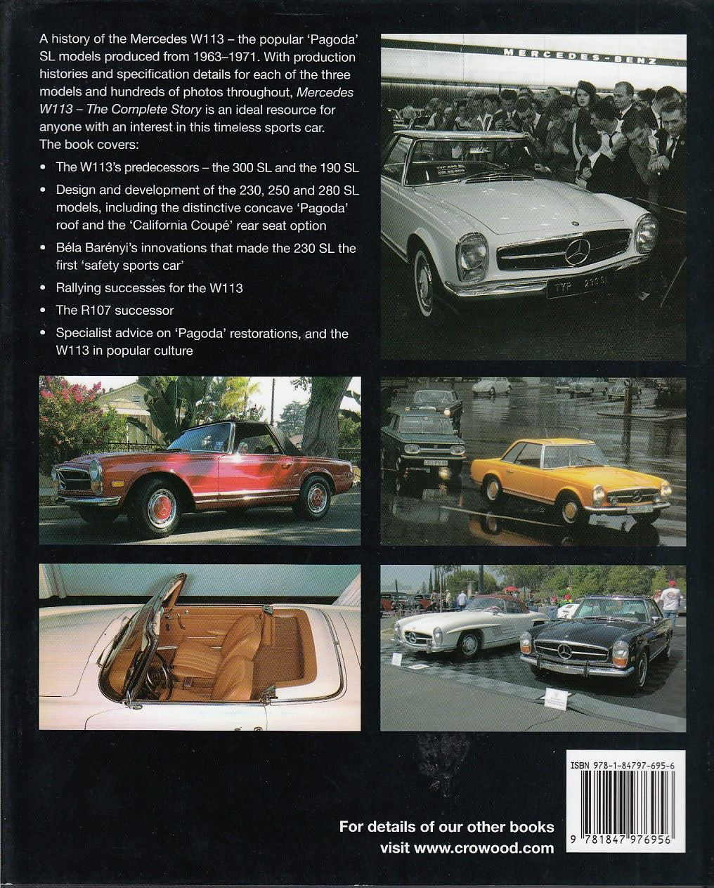 Vintage Mercedes W113 history book cover with multiple car photos and interior shot
