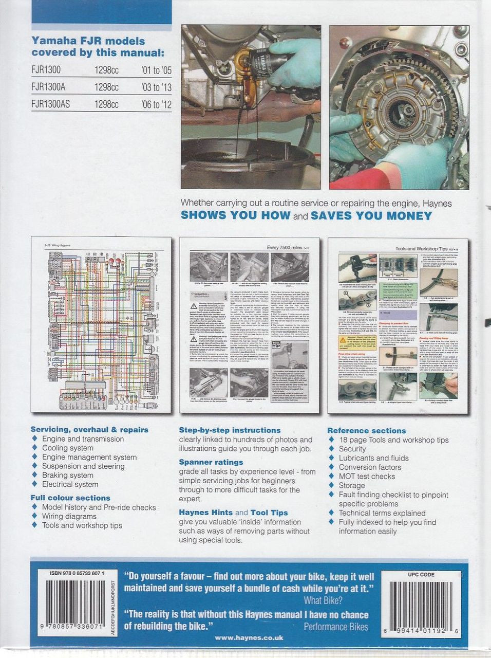 Motorcycle workshop manual back cover with engine and wiring diagrams and table sections