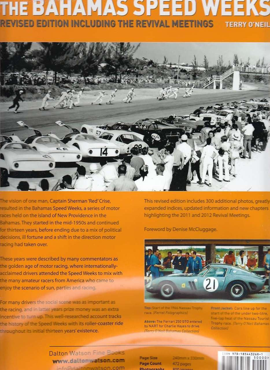 Racing book cover with classic cars and title text; author Terry O'Neil.