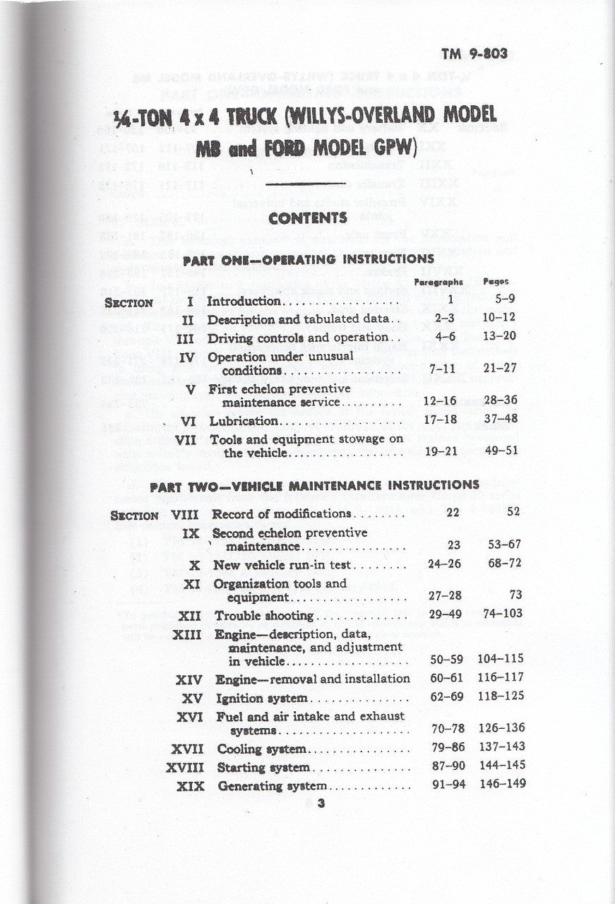 Willys-Overland MB and Ford Model GPW Jeep Technical Manual Contents 1
