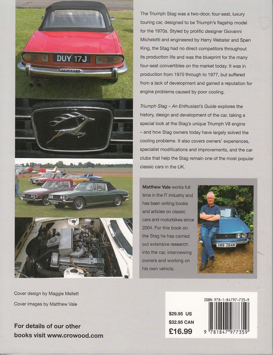 Motor book about Triumph Stag, with classic car photos and pricing on back cover