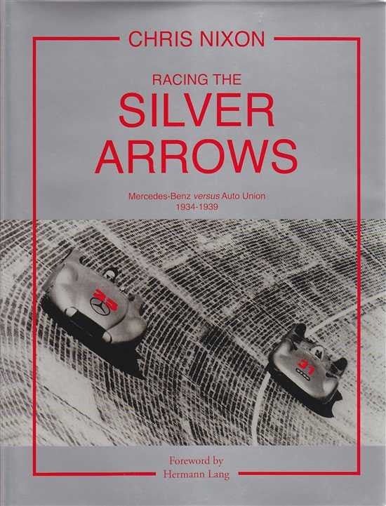 Book cover titled Racing the Silver Arrows with red frame and vintage car photo
