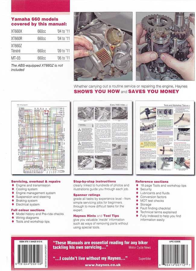 Motorcycle workshop manual pages with diagrams, step-by-step instructions and repair sections