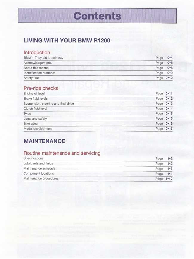 BMW R1200 Twins workshop manual contents page listing maintenance and servicing