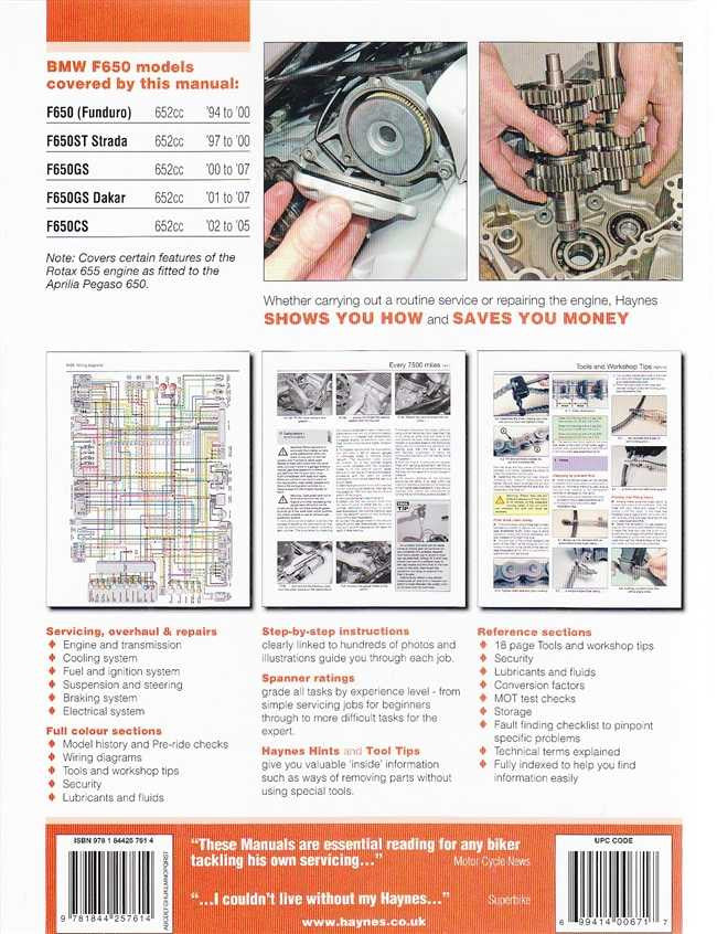 Motorcycle workshop manual cover with service overview text and engine detail photos