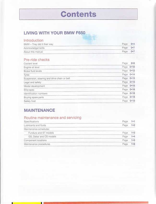 Motorcycle workshop manual contents page for living with your BMW F650 and maintenance
