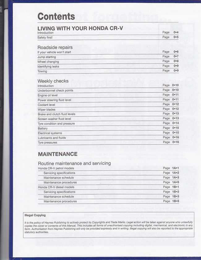 Workshop manual contents page with maintenance and repairs sections