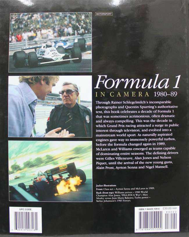 Hardcover Formula 1 photo book back cover with racing images, text block, barcodes