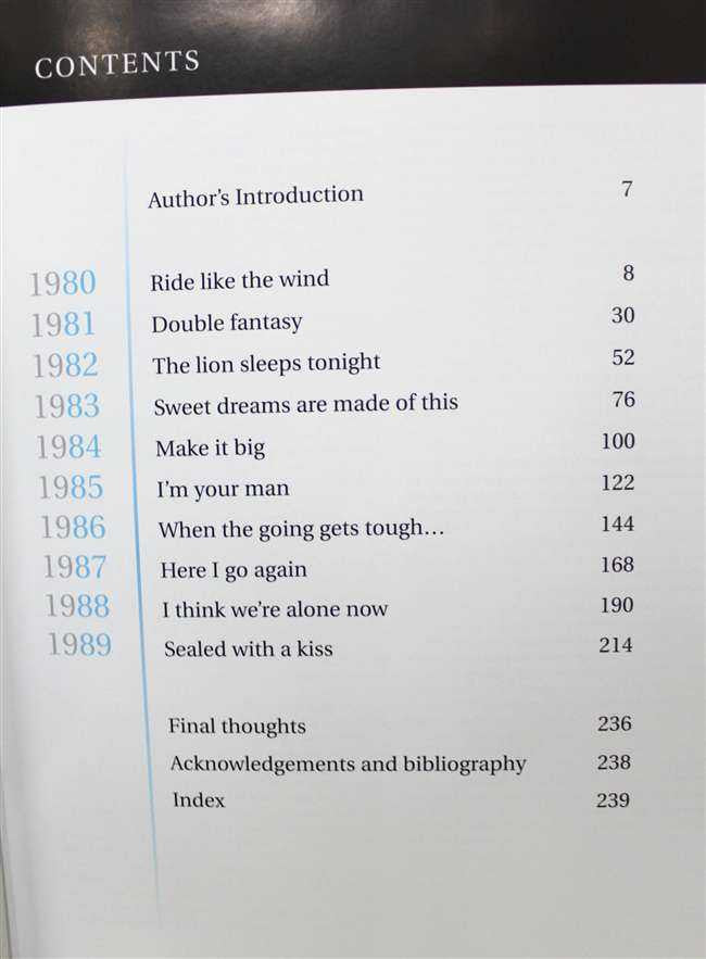 Book contents page listing sections from 1980 to 1989 and acknowledgements
