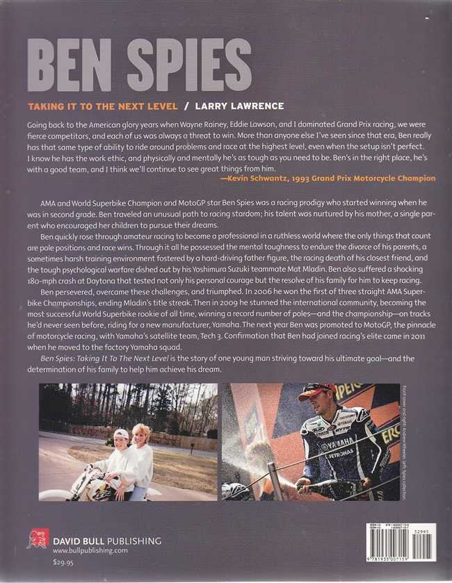 Motorcycle racing biography book, back cover with synopsis text and barcode