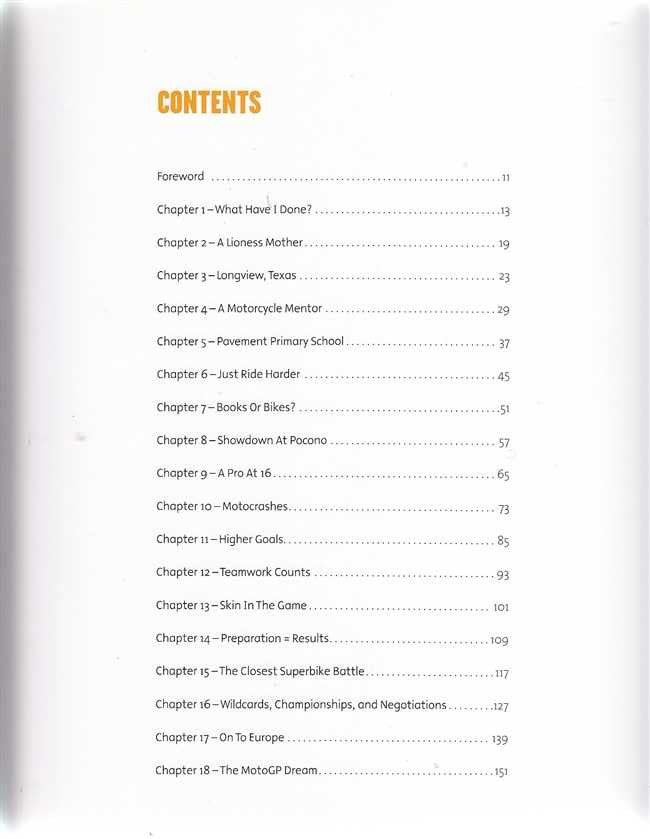 Motorcycle racing biography book, contents page with chapter list