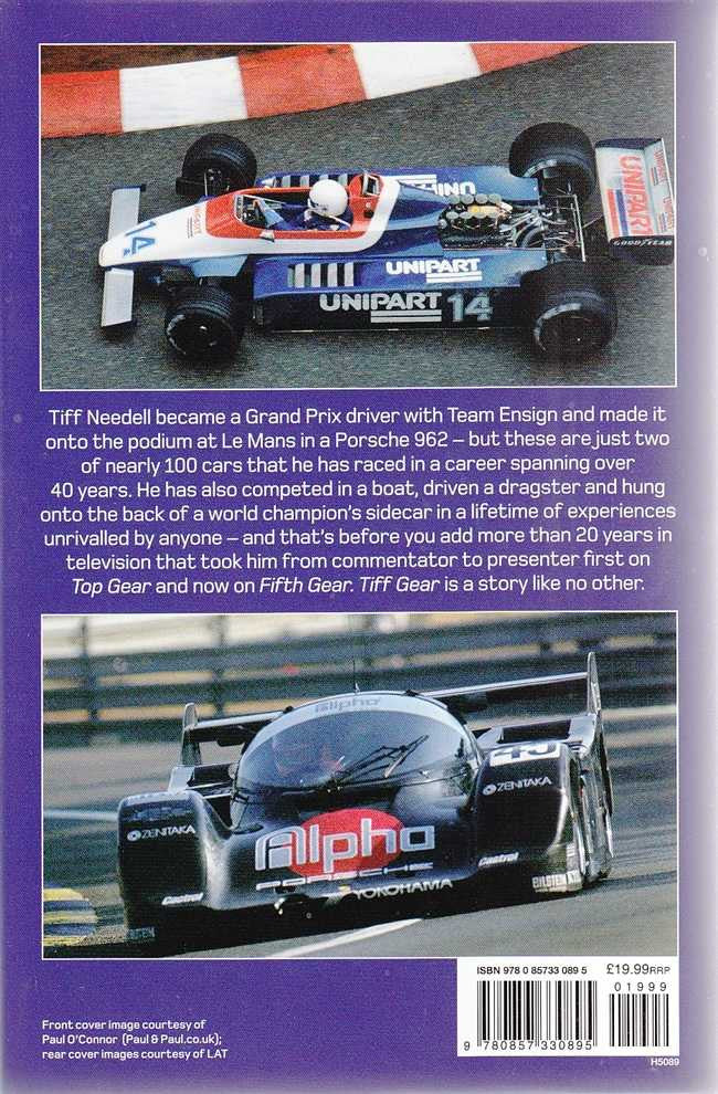 Motorsport autobiography book, back cover with race car photo and barcode