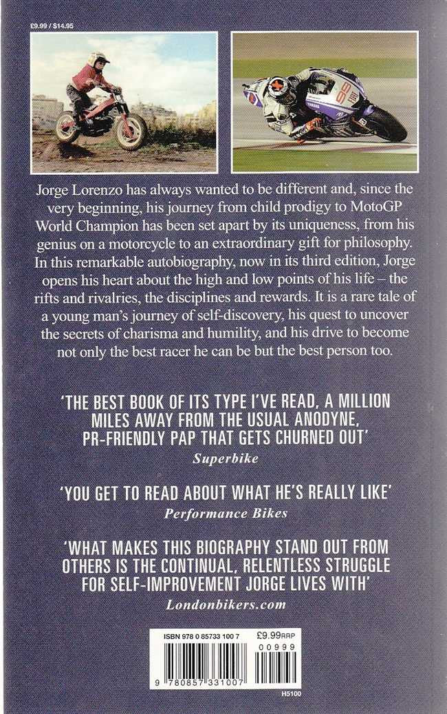 Motorsport biography book back cover with author text and quotes by Jorge Lorenzo