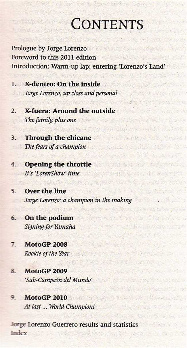 Motorsport biography book contents page listing chapters and headings