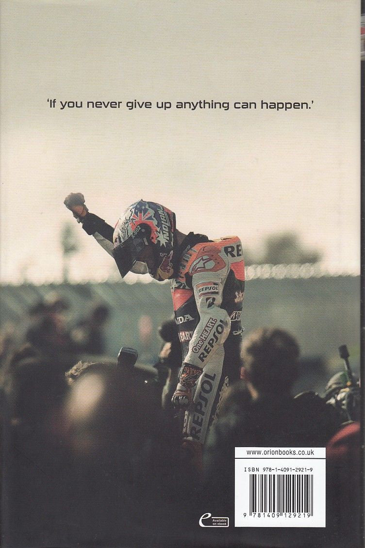 Hardcover autobiography back cover with quote, rider photo, and barcode with ISBN details