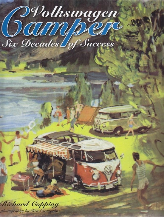 Illustrated book cover featuring a red and white Volkswagen camper van in a park