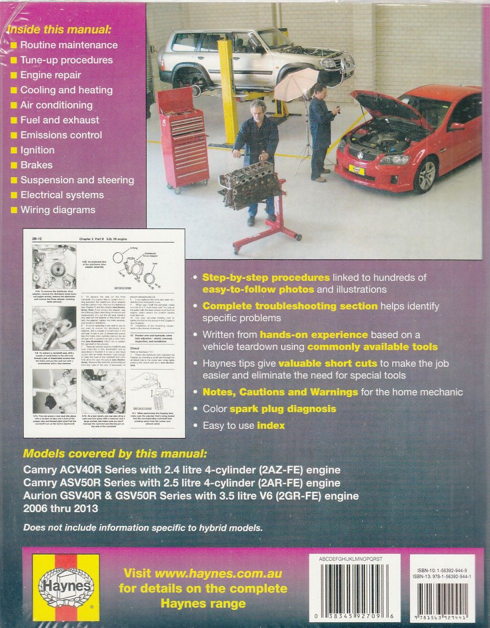 Haynes repair manual back cover with contents list and engine bay photos