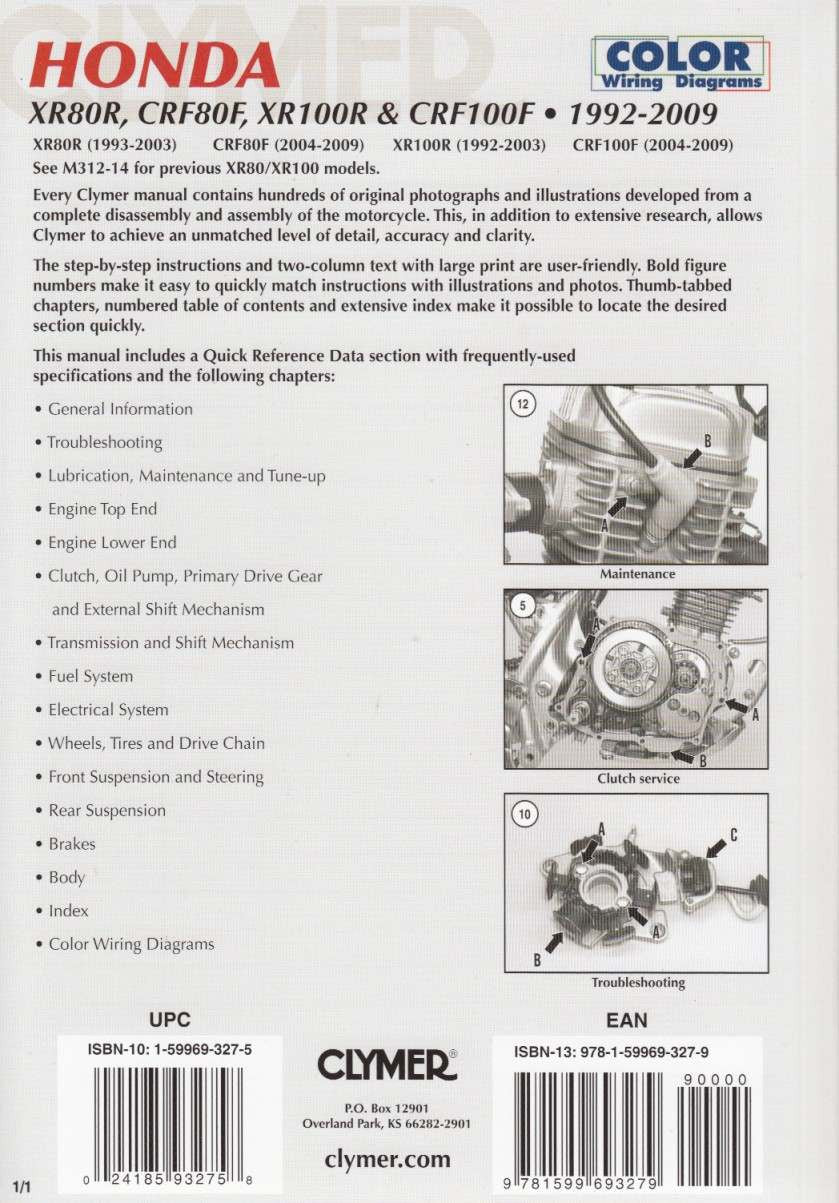 Workshop manual page with wiring diagrams and Clymer logo for Honda XR80R series