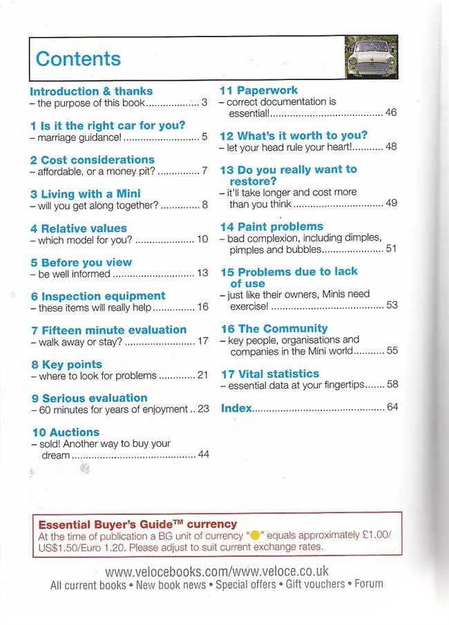 Auto buyer’s guide contents page with chapter list for Mini 1959–1999