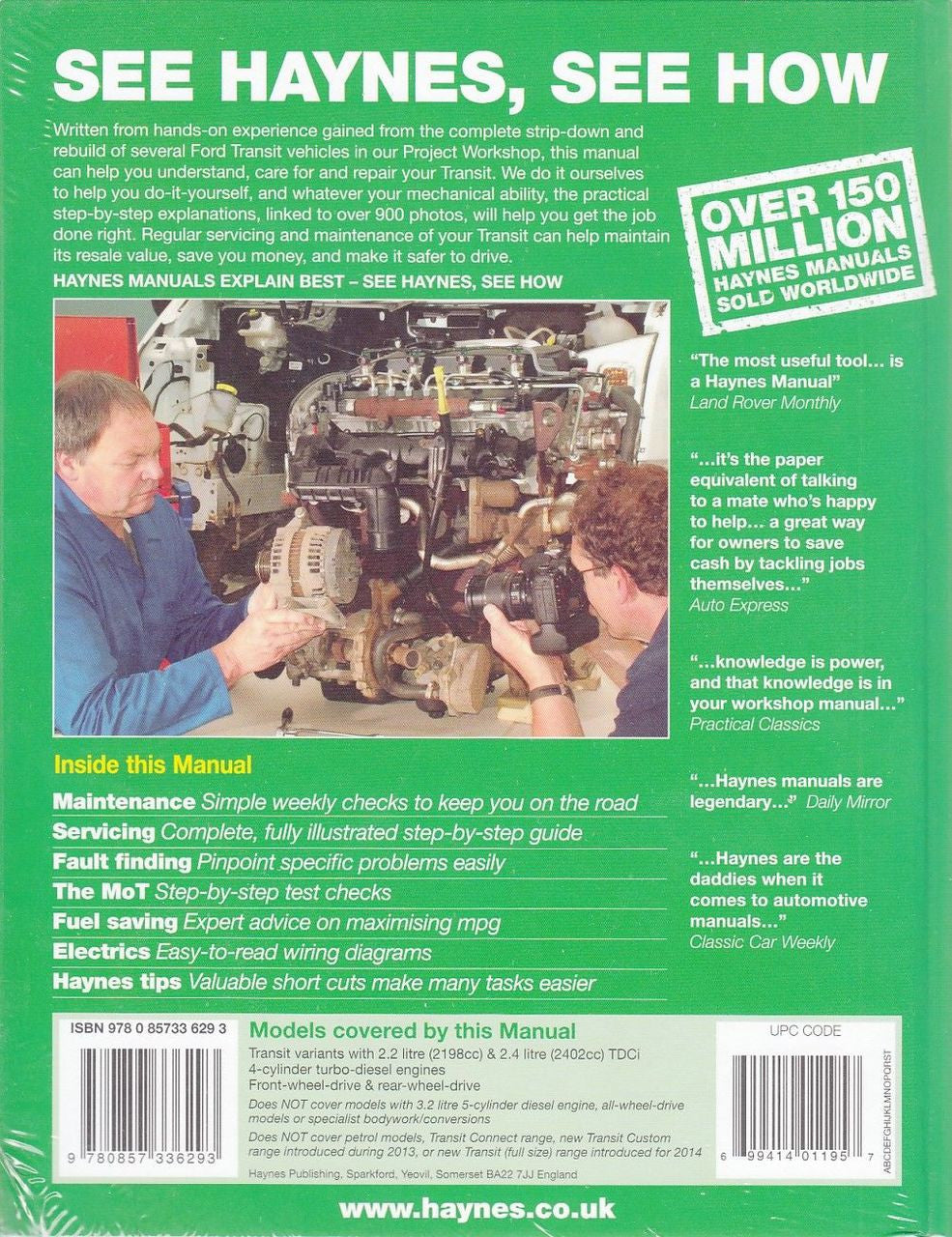 Haynes workshop manual back cover with mechanic pointing at engine diagram and bullet notes.