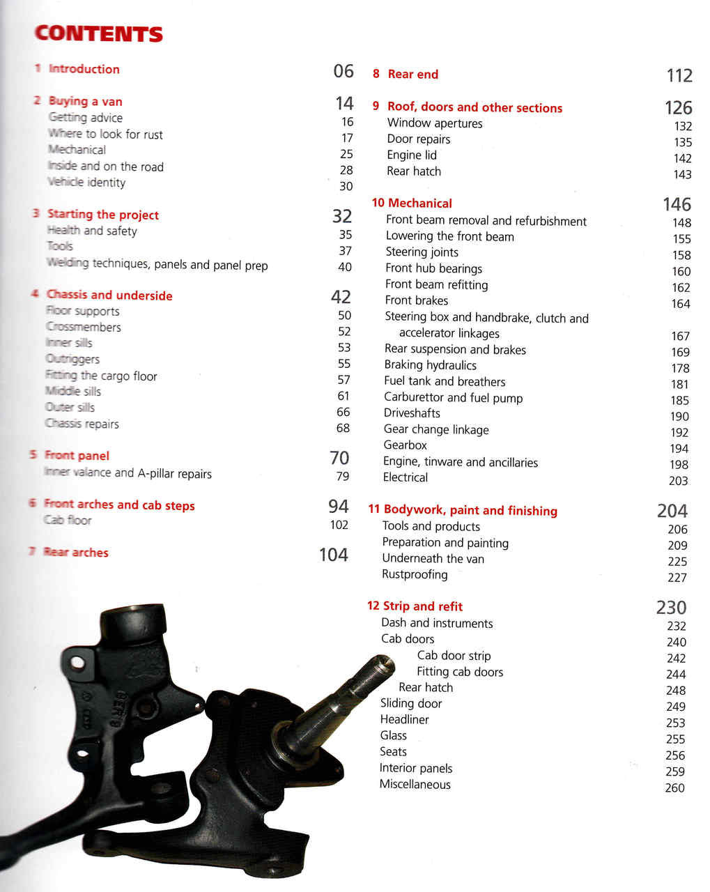 Book page with contents list and engine mount parts diagram