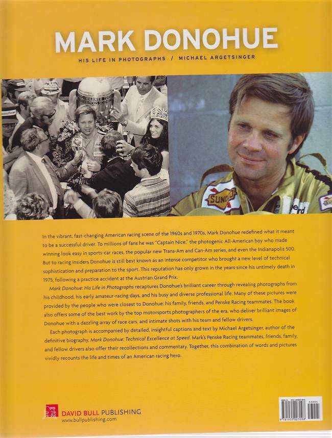 Mark Donohue photo biography book, yellow back cover with collage and barcode