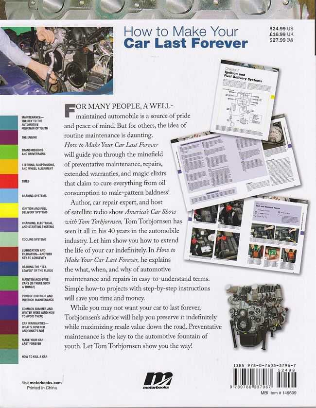 Automotive maintenance book back cover with vehicle photos and chapter description