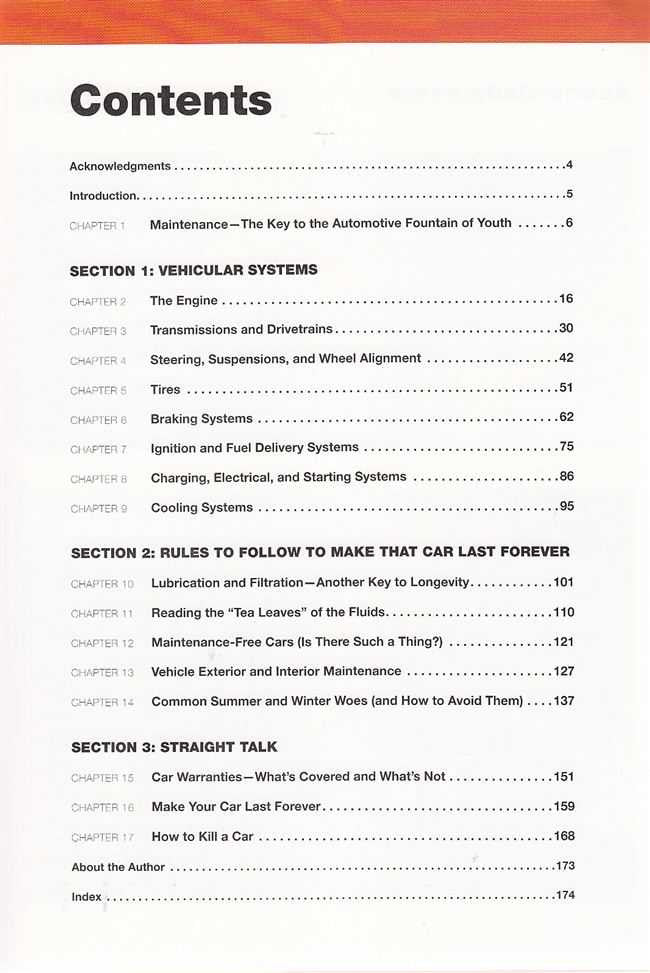 Automotive maintenance book contents page listing chapters on engine, brakes, and rules