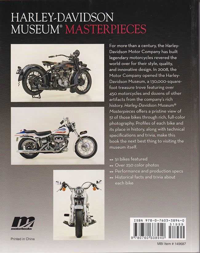Harley-Davidson Museum Masterpieces book cover with motorcycle photos and description text