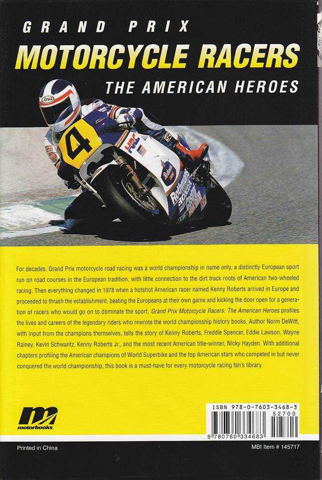 Motorcycle racers racing book, back cover with text block and barcode