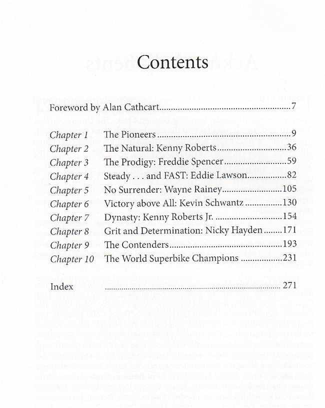 Motorcycle racers book contents page with chapter list and index