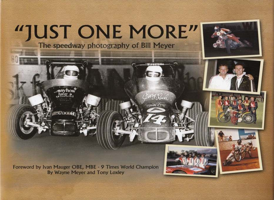 Speedway photo book cover collage with JUST ONE MORE title and racing team photos