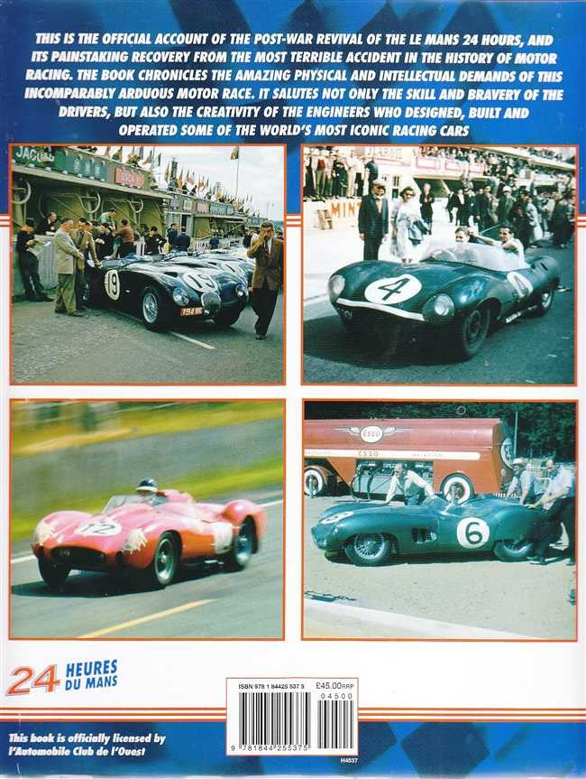 Le Mans racing history book page with four car photos and 24 heures du Mans badge