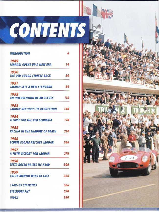Le Mans racing history book contents page with section titles and race crowd photo