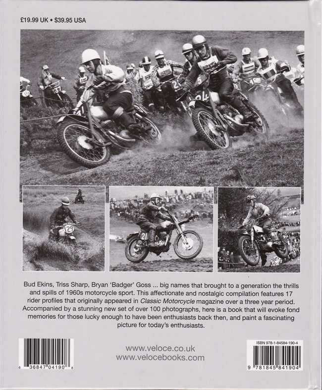 Motorcycle sport book back cover with black-and-white dirt-bike photo collage