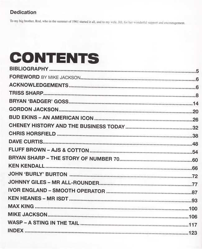 Motorcycle sport book contents page with section list and page numbers