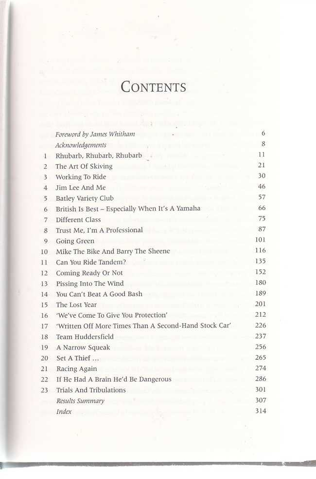 Racing book contents page with serif headings and numbered sections