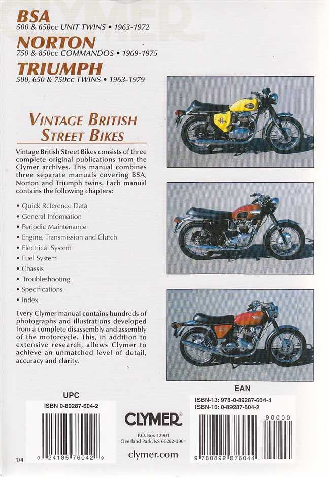 Motorcycle workshop manual page with vintage bike photos and section list