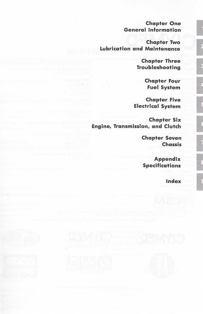 Motorcycle service manual table of contents with chapter headings and index