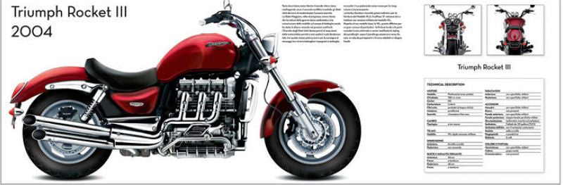 Red cruiser motorcycle side view on book page with specs panel