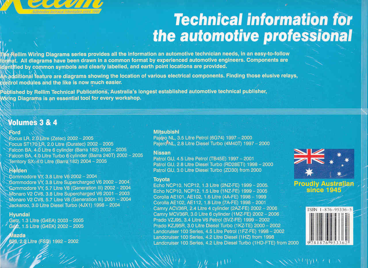 Wiring Diagrams Volumes 3 & 4 reference book, back cover text with barcode and flag