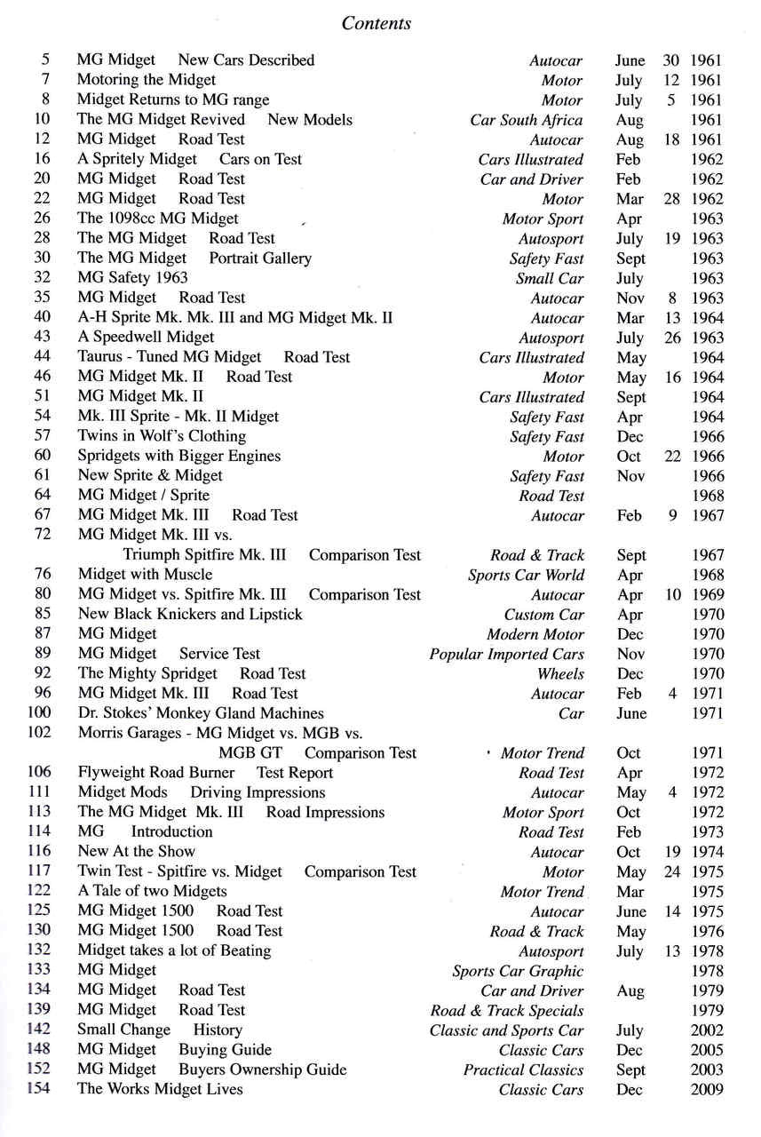 Table of contents page listing MG Midget road tests with months and dates