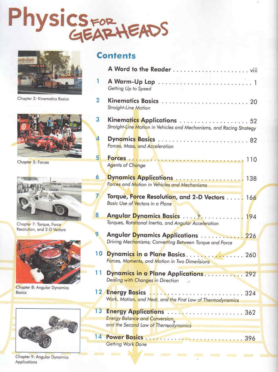 Physics for Gearheads contents page with chapter list and section titles