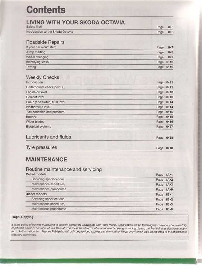 Workshop manual contents page with headings for maintenance, repairs, and references